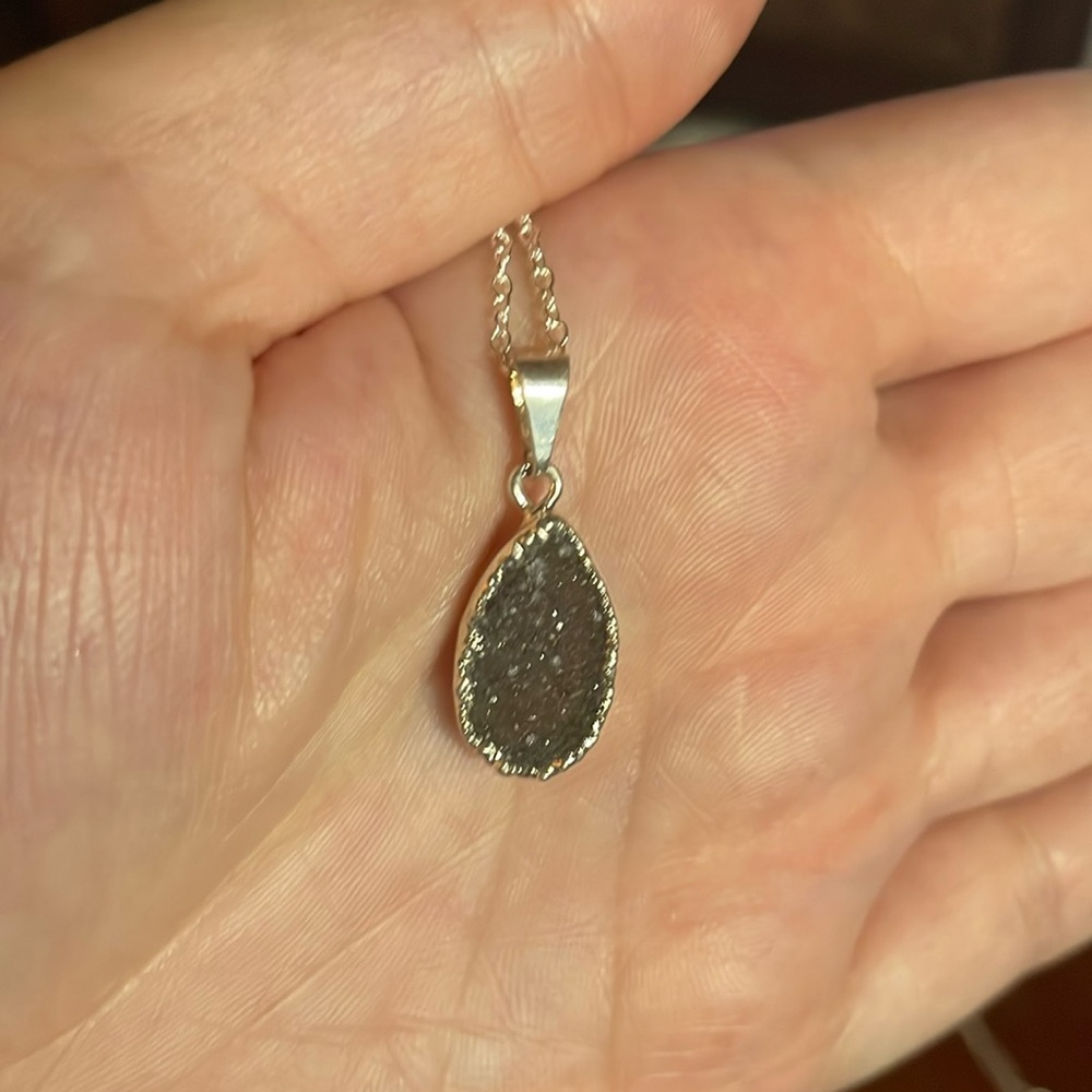 Cute Dainty Druzy Amethyst Silver Plated over Copper Electroform Pendant, Chain